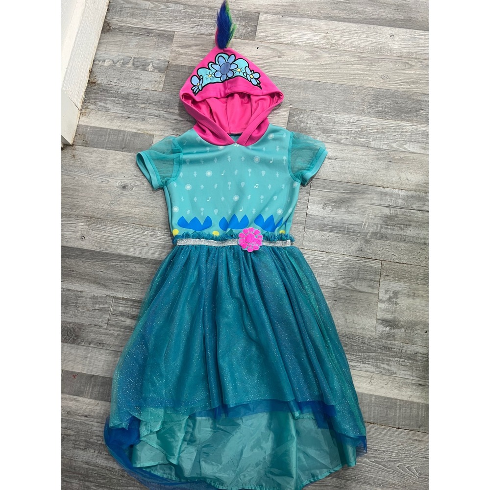 DreamWorks Trolls World Tour Poppy Costume Dress Girls Size 7/8 Teal Pink Hooded